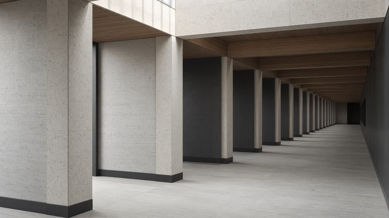 A modern stone and timber colonnade with repeating columns and soft daylight