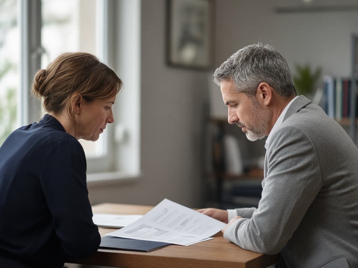 Two professionals reviewing printed papers together during a calm meeting