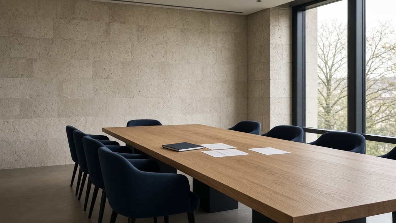 A quiet meeting room with an oak table, documents and navy chairs prepared for a business discussion