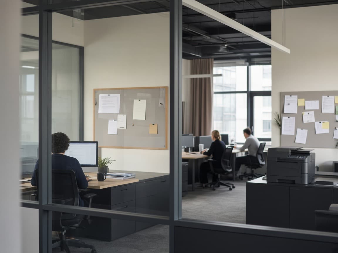 A modern office with glass partitions and people working quietly at their desks