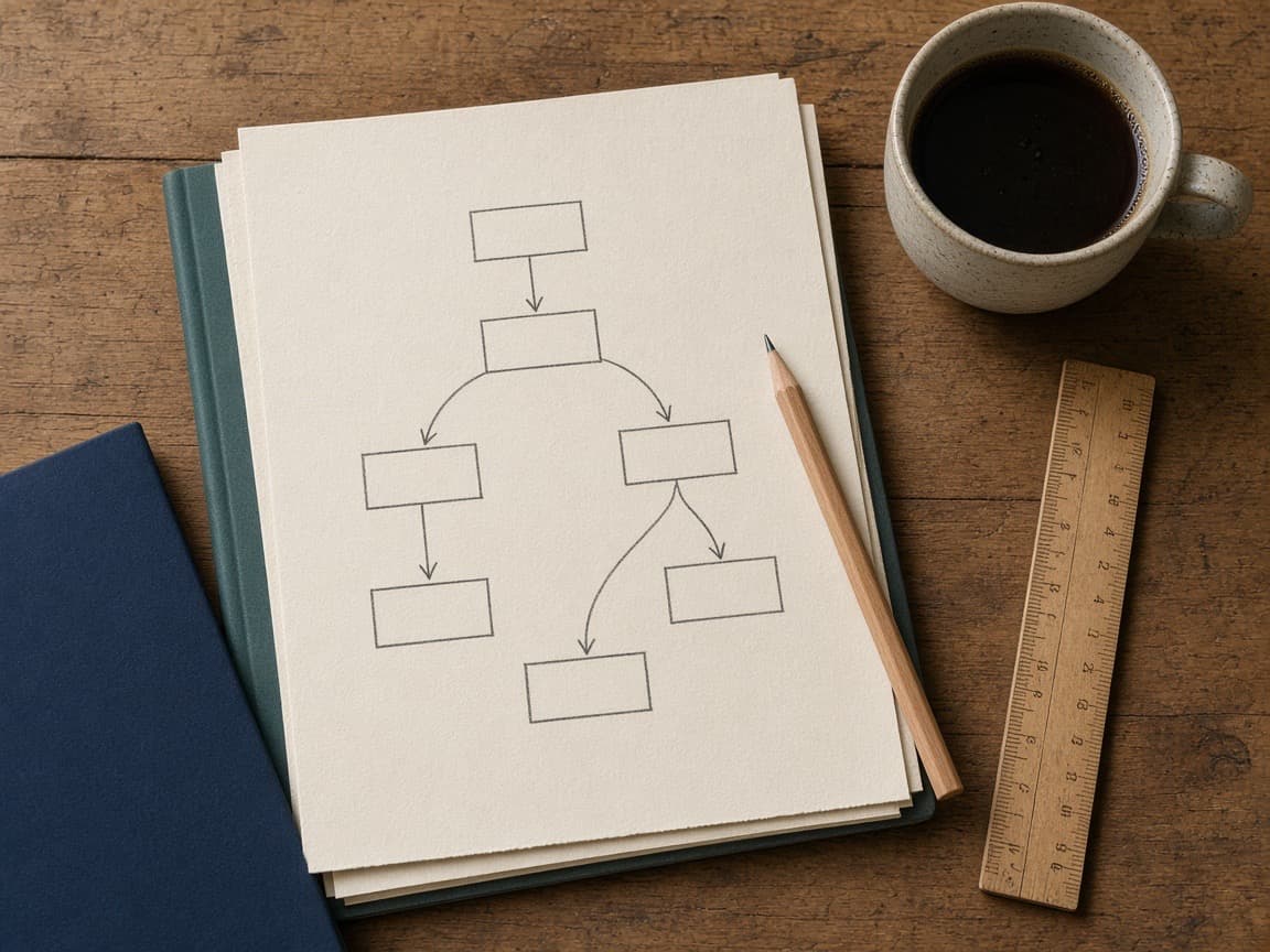 Overhead view of printed notes, a notebook and planning papers on a wooden desk