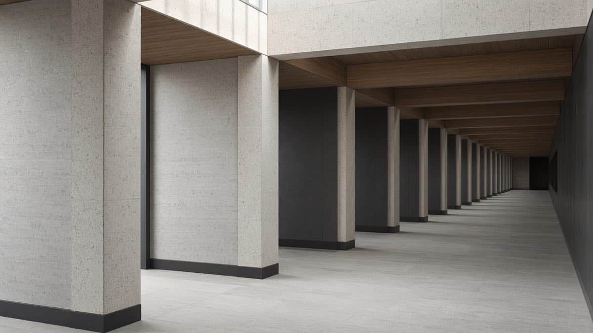A modern stone and timber colonnade with repeating columns and soft daylight