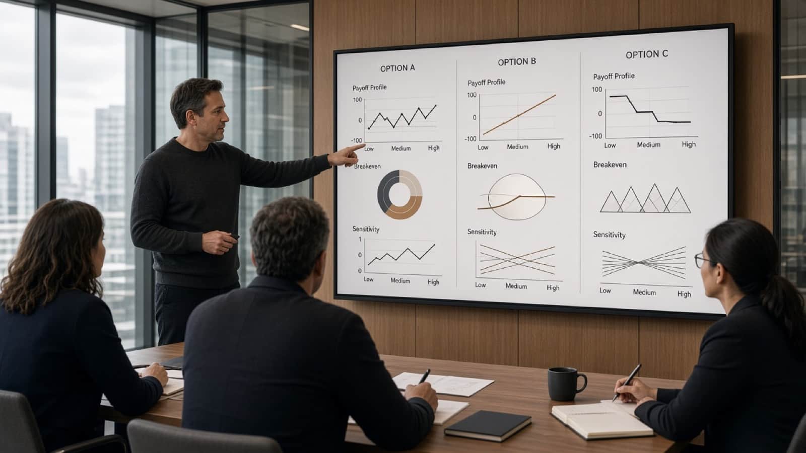 A findings presentation, with a technical comparison on screen and a small group taking notes